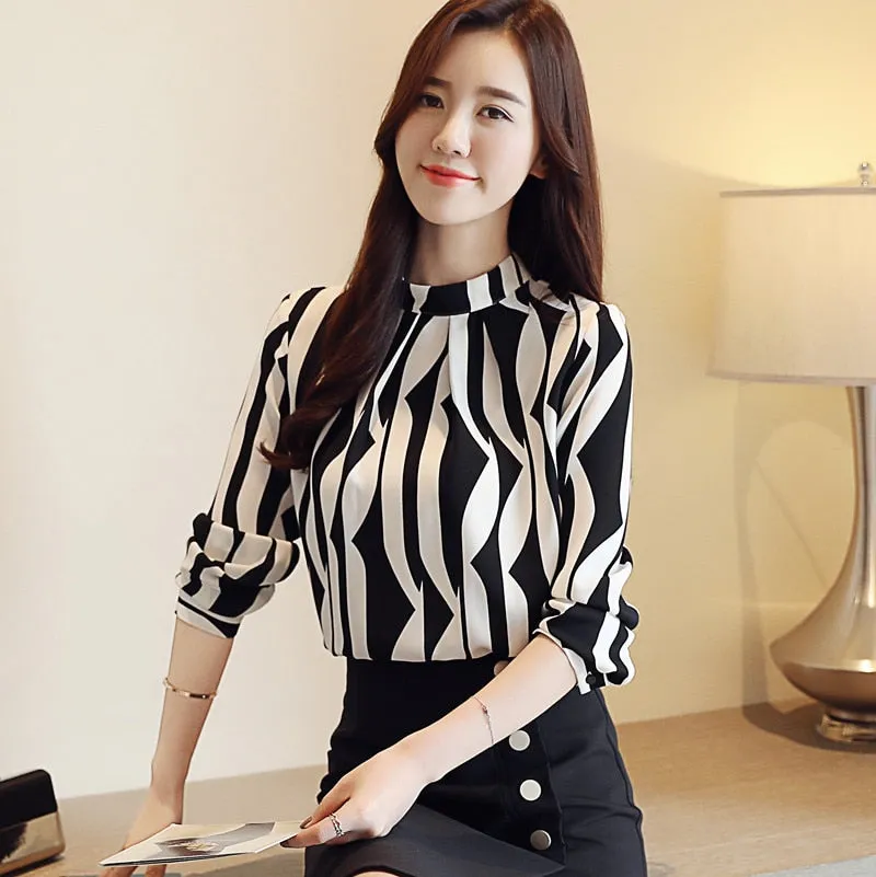 2022 Striped Long Sleeve Chiffon Blouse Shirt