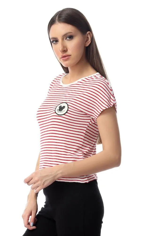 53677 Striped Short Sleeves Red & White Fluffy Top