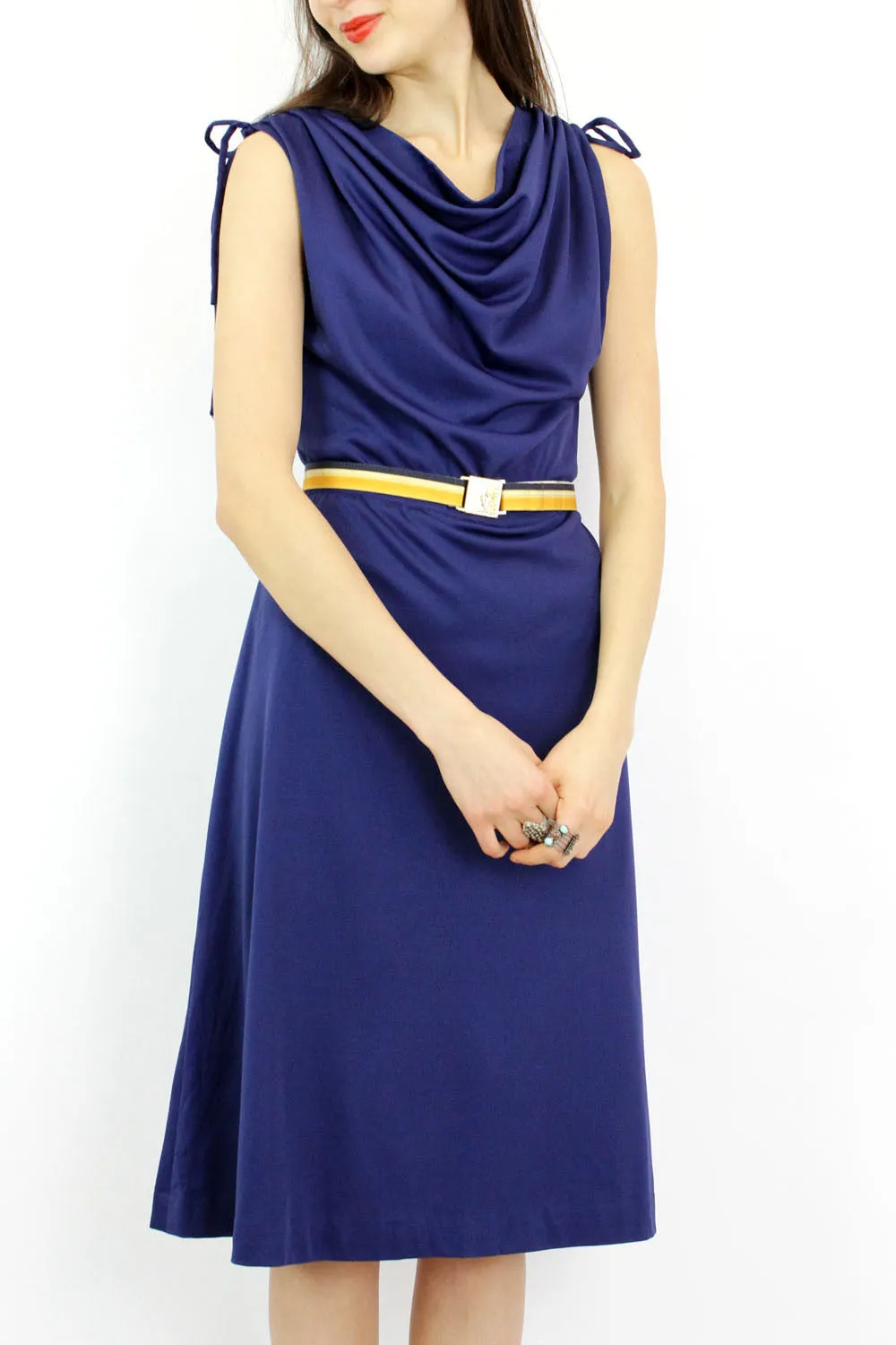 70s Navy Blue Drape Dress M