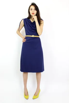 70s Navy Blue Drape Dress M