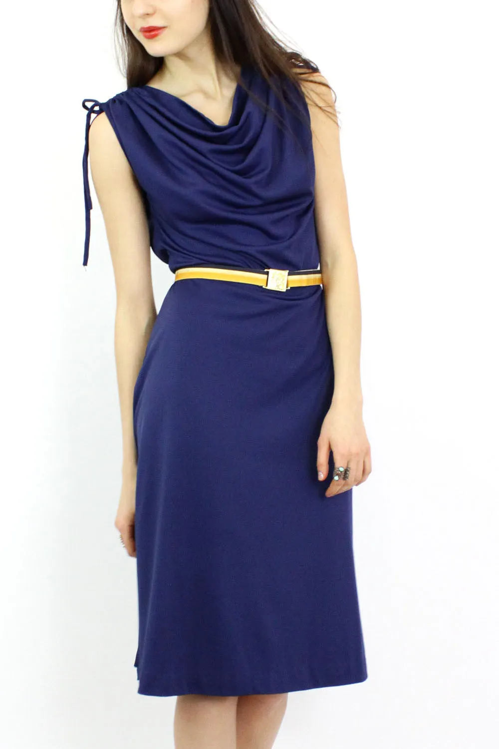 70s Navy Blue Drape Dress M