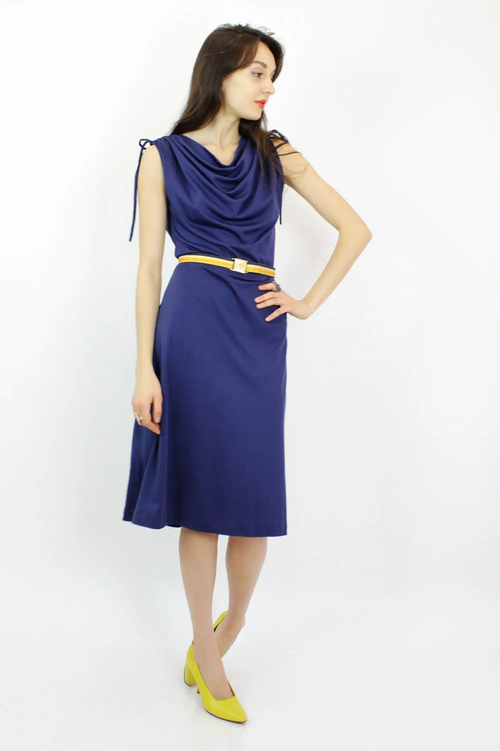 70s Navy Blue Drape Dress M