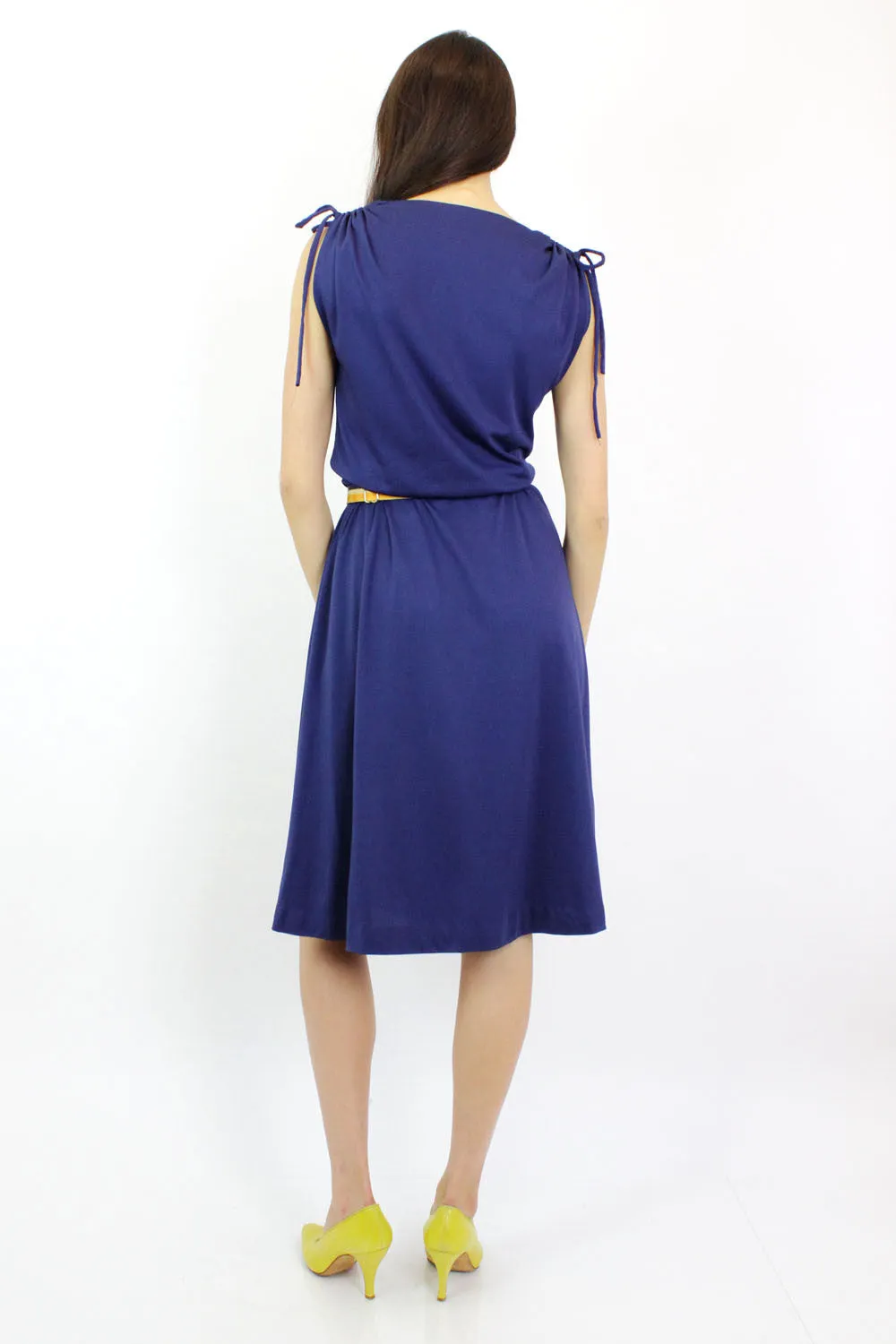 70s Navy Blue Drape Dress M