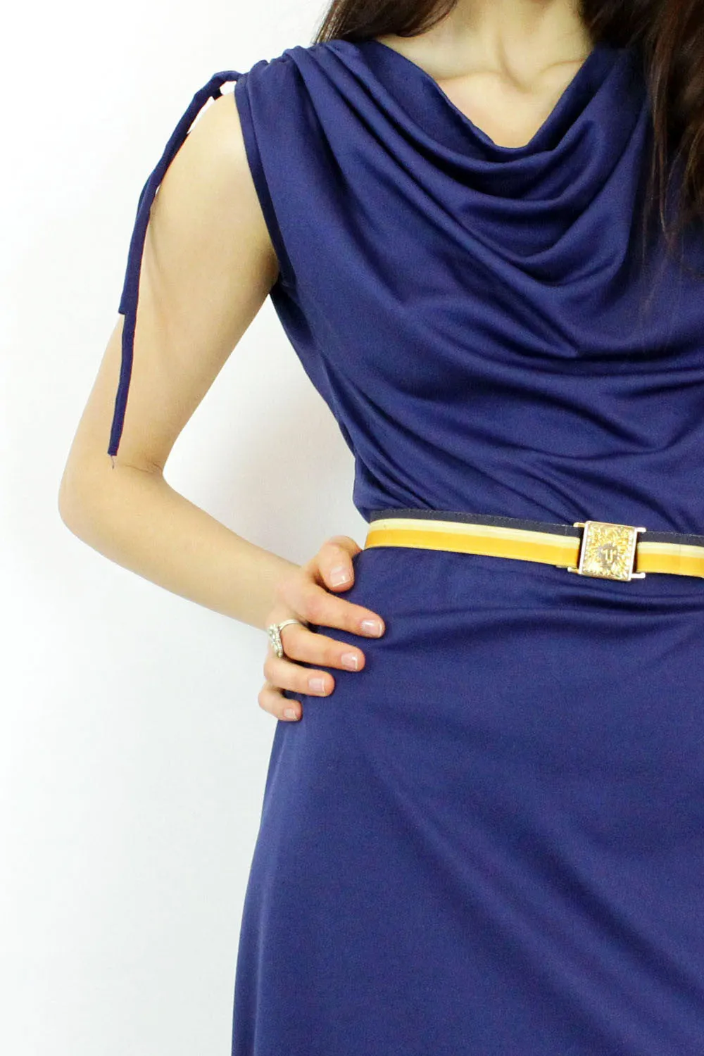 70s Navy Blue Drape Dress M