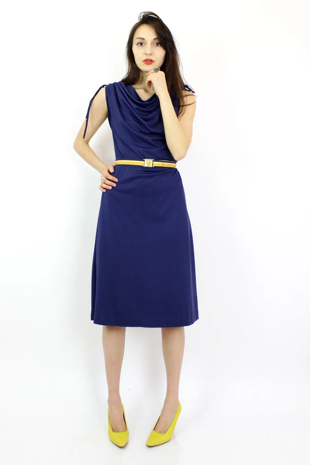 70s Navy Blue Drape Dress M