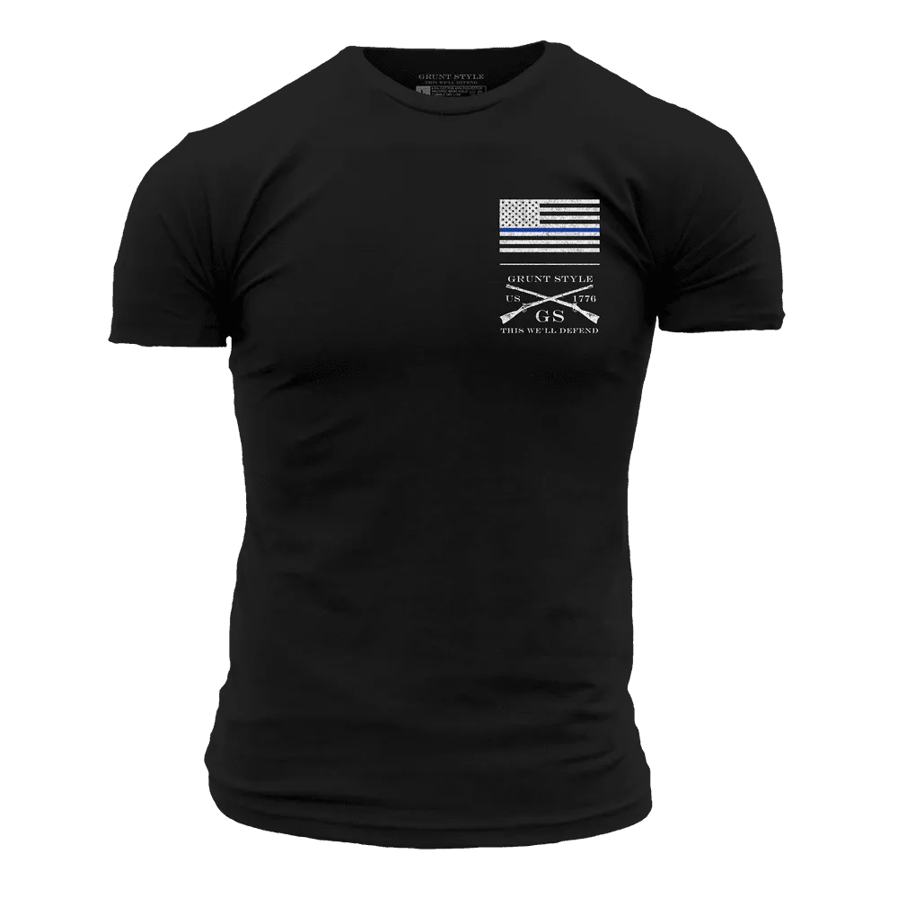 Basic Blue Line Flag T-Shirt - Black