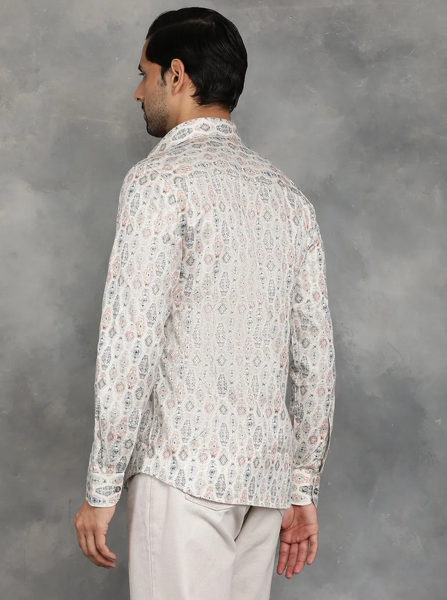 Beige Printed Slim Fit Party Wear Shirt | JB Studio