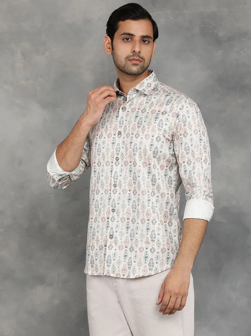 Beige Printed Slim Fit Party Wear Shirt | JB Studio