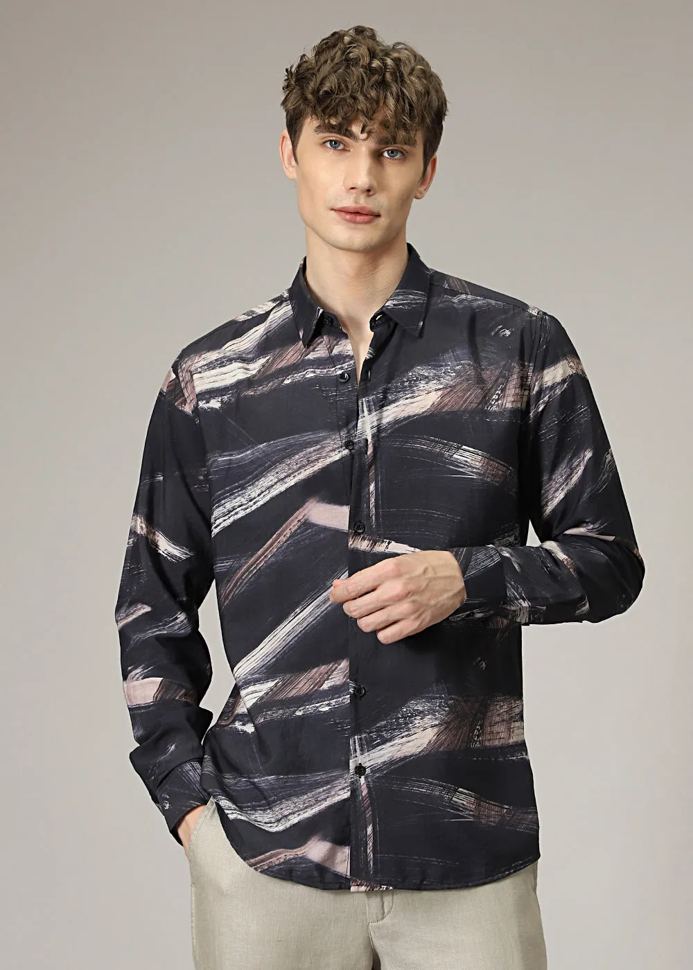 Black Brush Strokes Print Shirt