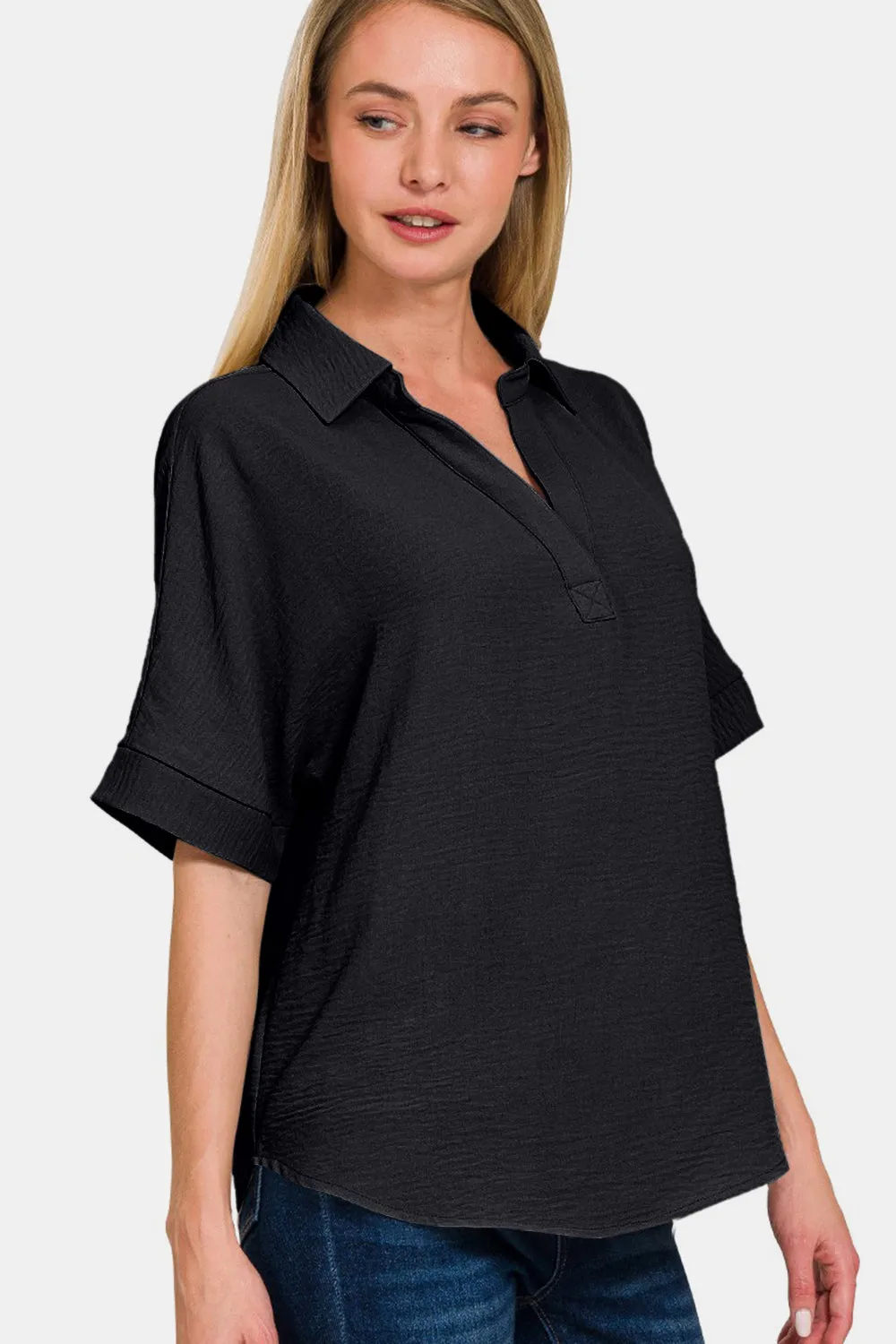 Black Texture Collared Neck Shirt (S - 3X)