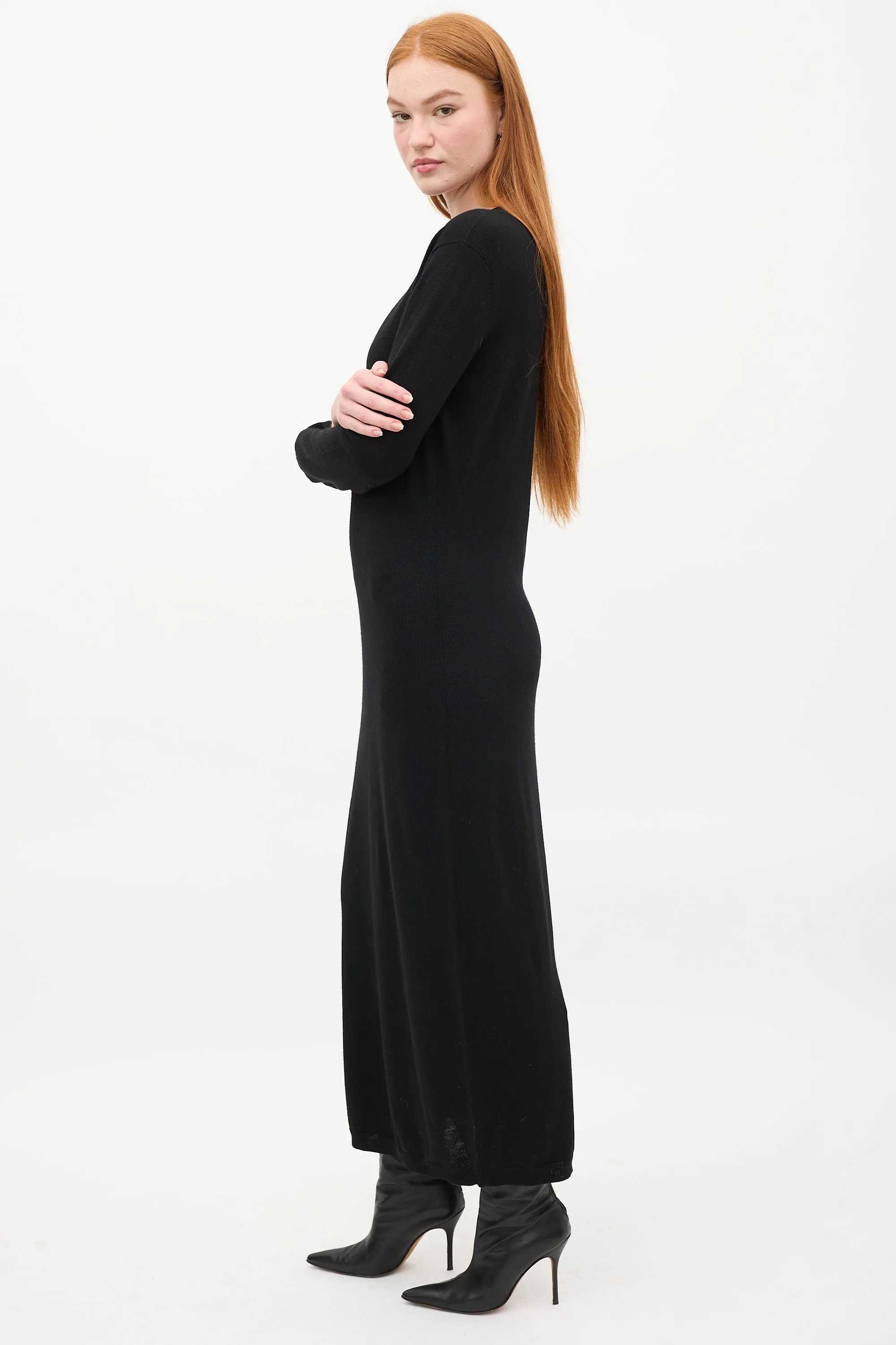 Black Wool Knitted Merino Asymmetric Wrap  Dress