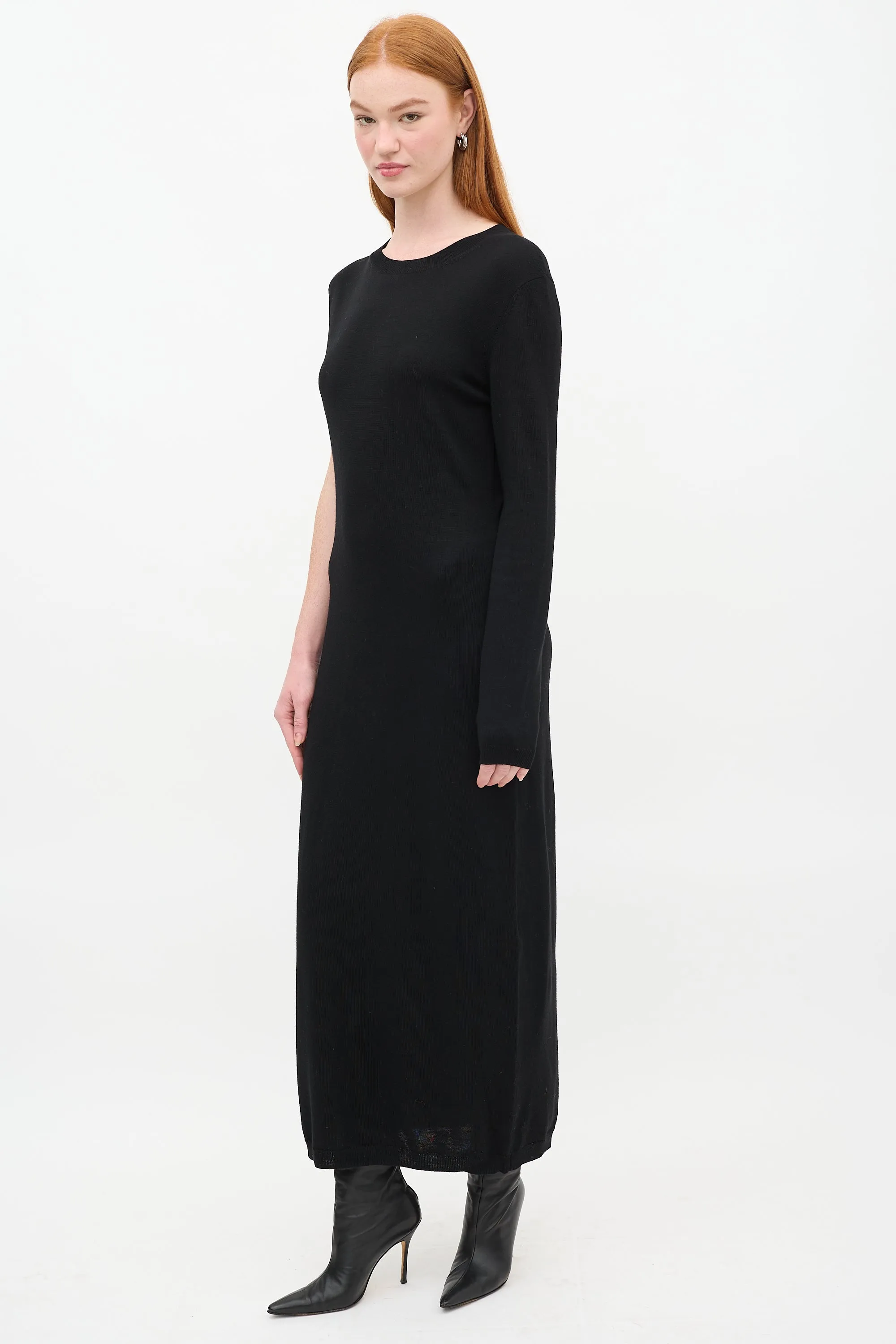 Black Wool Knitted Merino Asymmetric Wrap  Dress