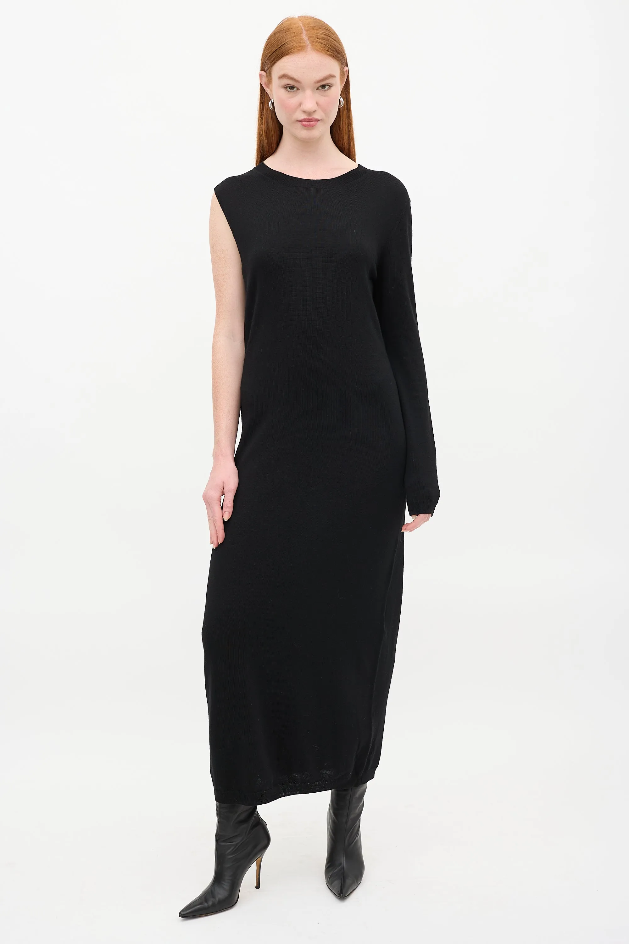 Black Wool Knitted Merino Asymmetric Wrap  Dress