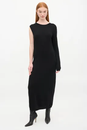 Black Wool Knitted Merino Asymmetric Wrap  Dress