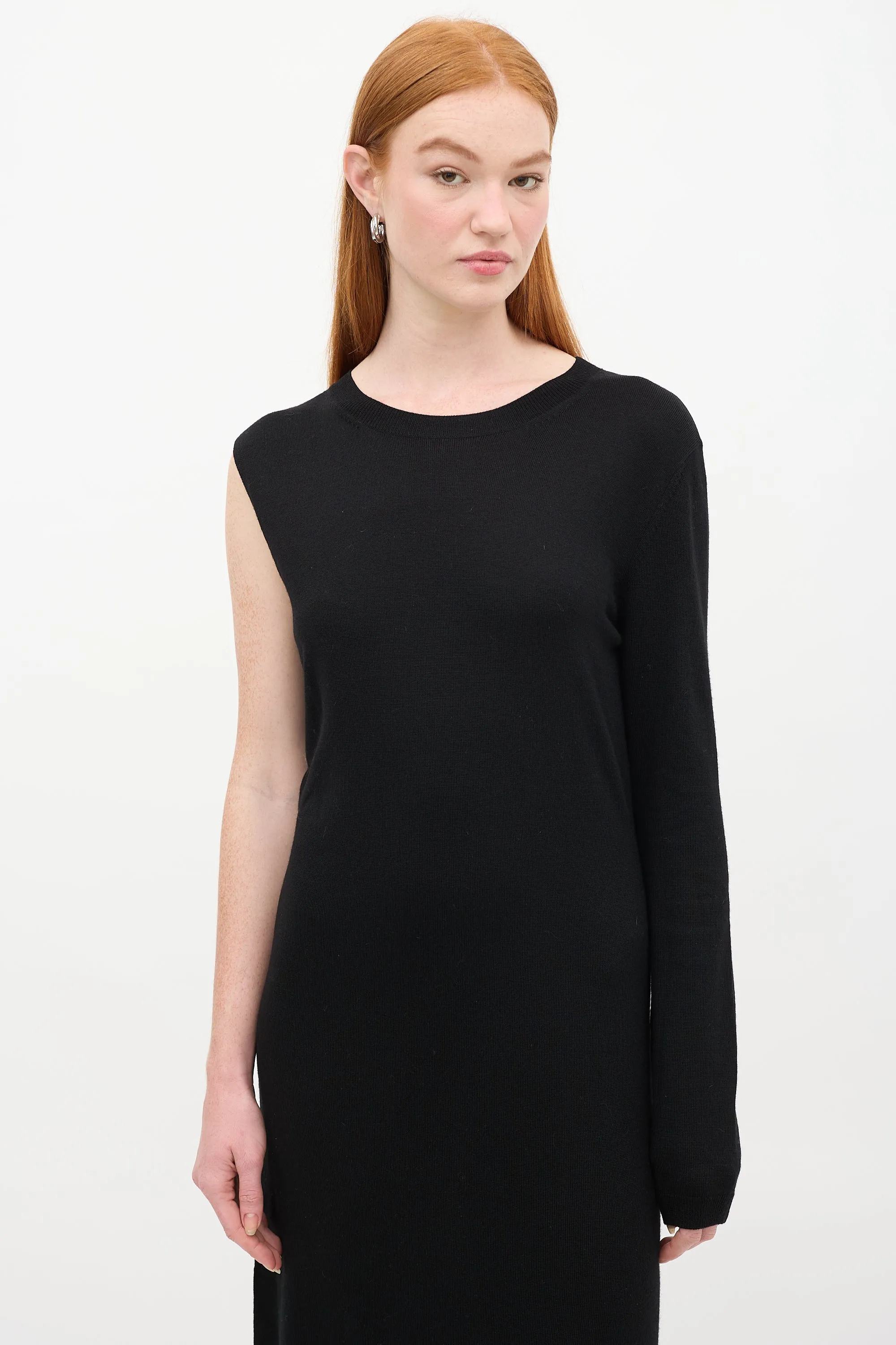 Black Wool Knitted Merino Asymmetric Wrap  Dress