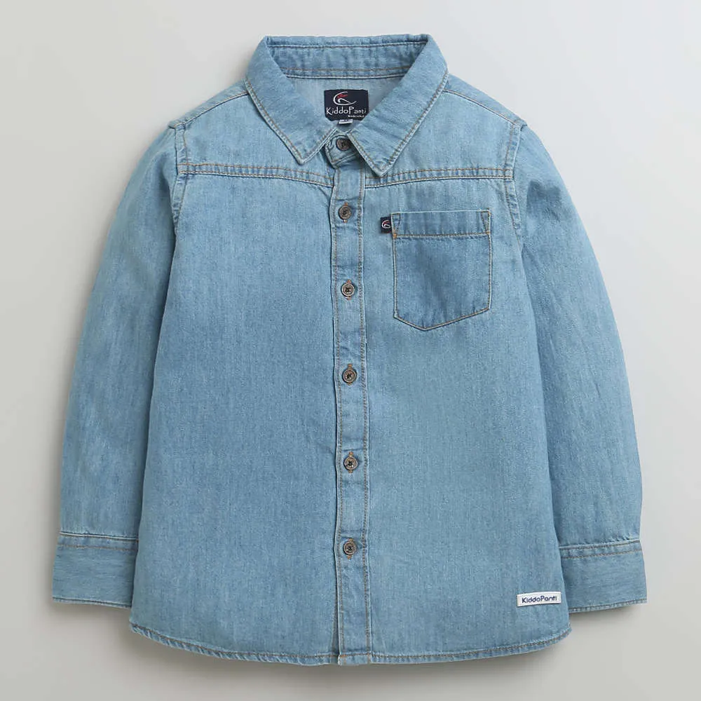 Boys Full Sleeve Denim Shirts & Round Nec Tee With Denim Pant Set