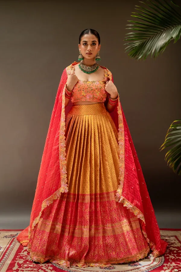 BRIDAL KANJEEVARAM HALF SAREE IN ORANGE AND YELLOW