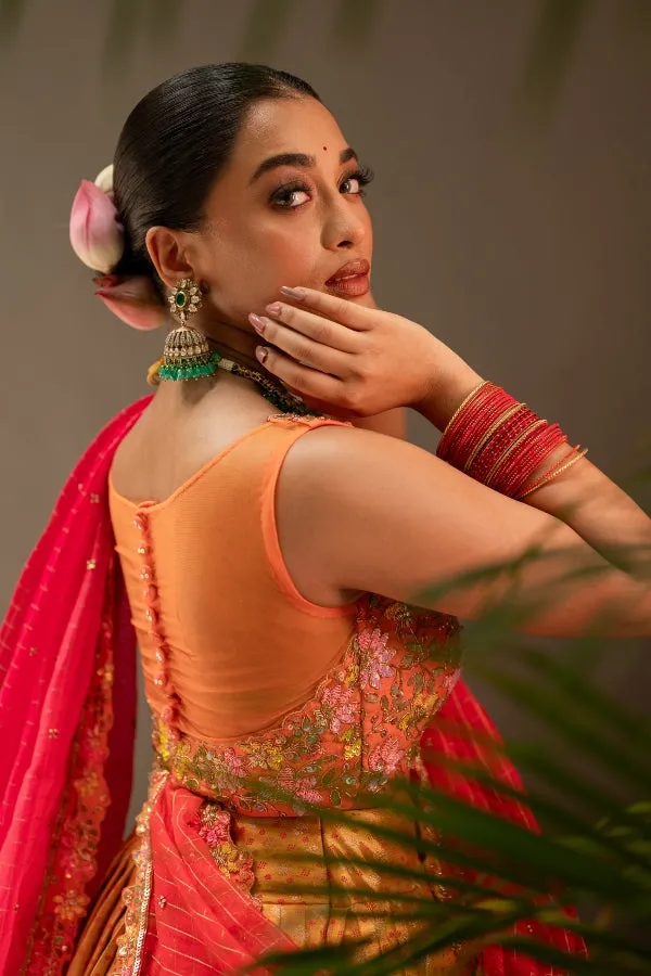 BRIDAL KANJEEVARAM HALF SAREE IN ORANGE AND YELLOW