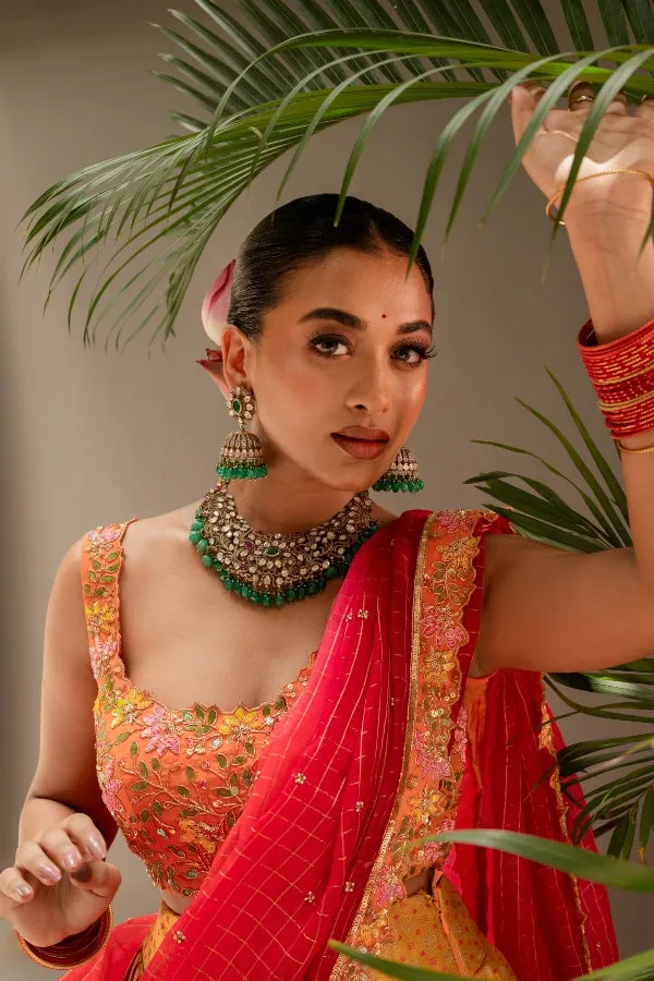 BRIDAL KANJEEVARAM HALF SAREE IN ORANGE AND YELLOW