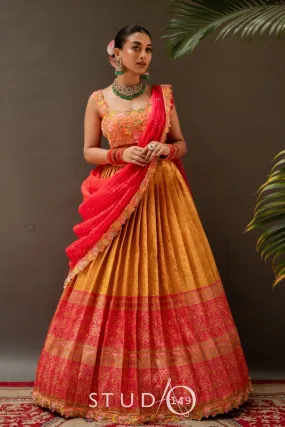BRIDAL KANJEEVARAM HALF SAREE IN ORANGE AND YELLOW