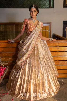 BRIDAL KANJEEVARAM HALF SAREE IN PEACH AND SILVER