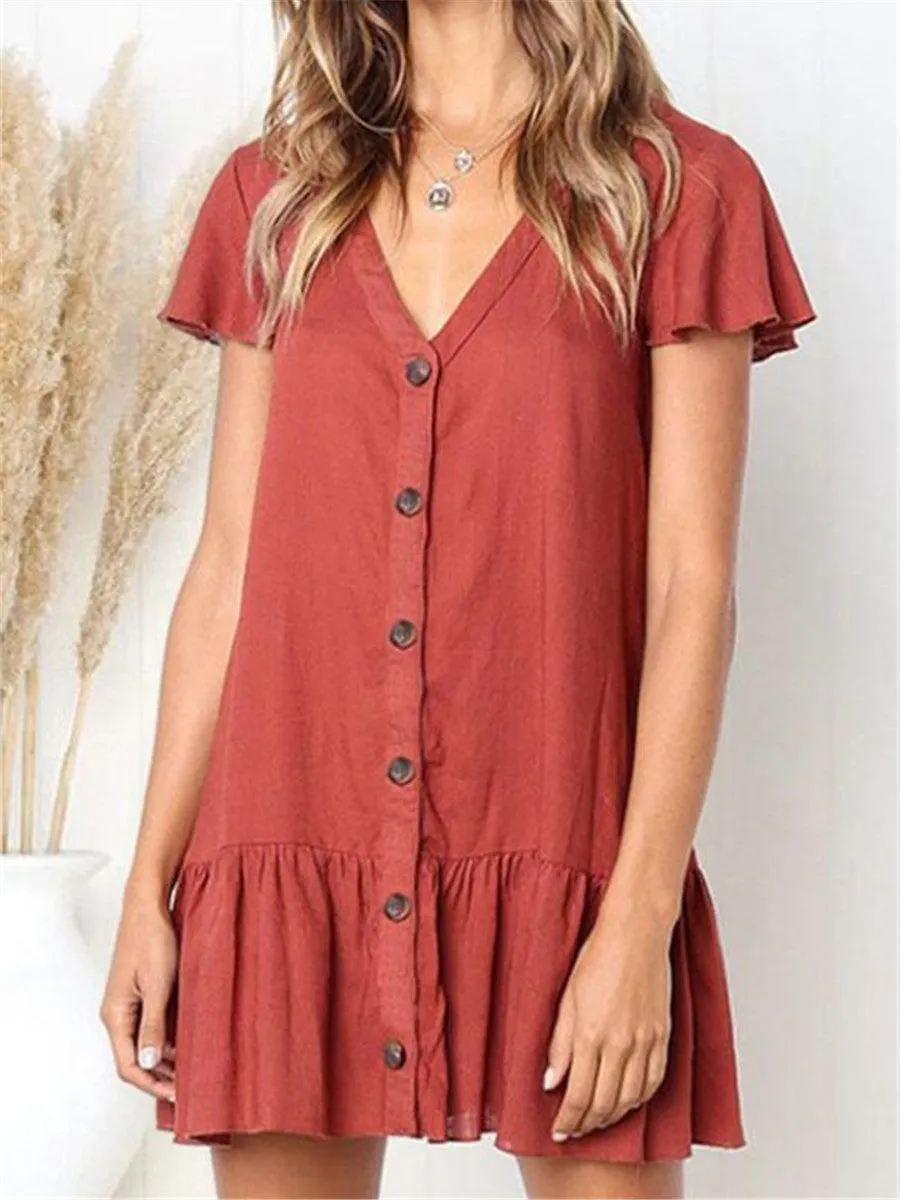Casual Fashion Solid Color Decorative Button Mini Dresses