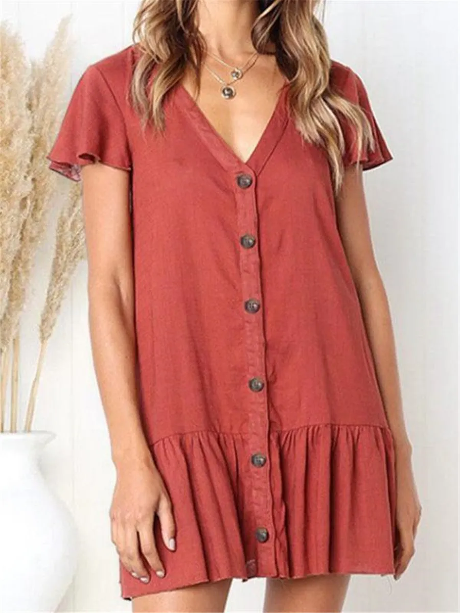 Casual Fashion Solid Color Decorative Button Mini Dresses
