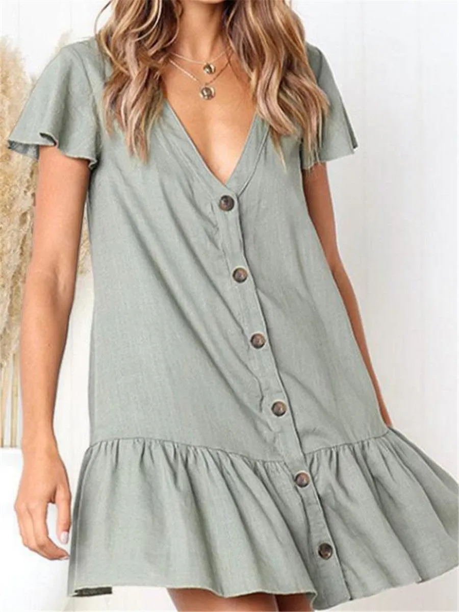 Casual Fashion Solid Color Decorative Button Mini Dresses
