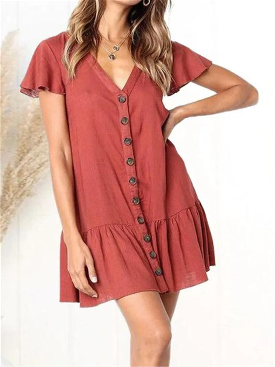 Casual Fashion Solid Color Decorative Button Mini Dresses