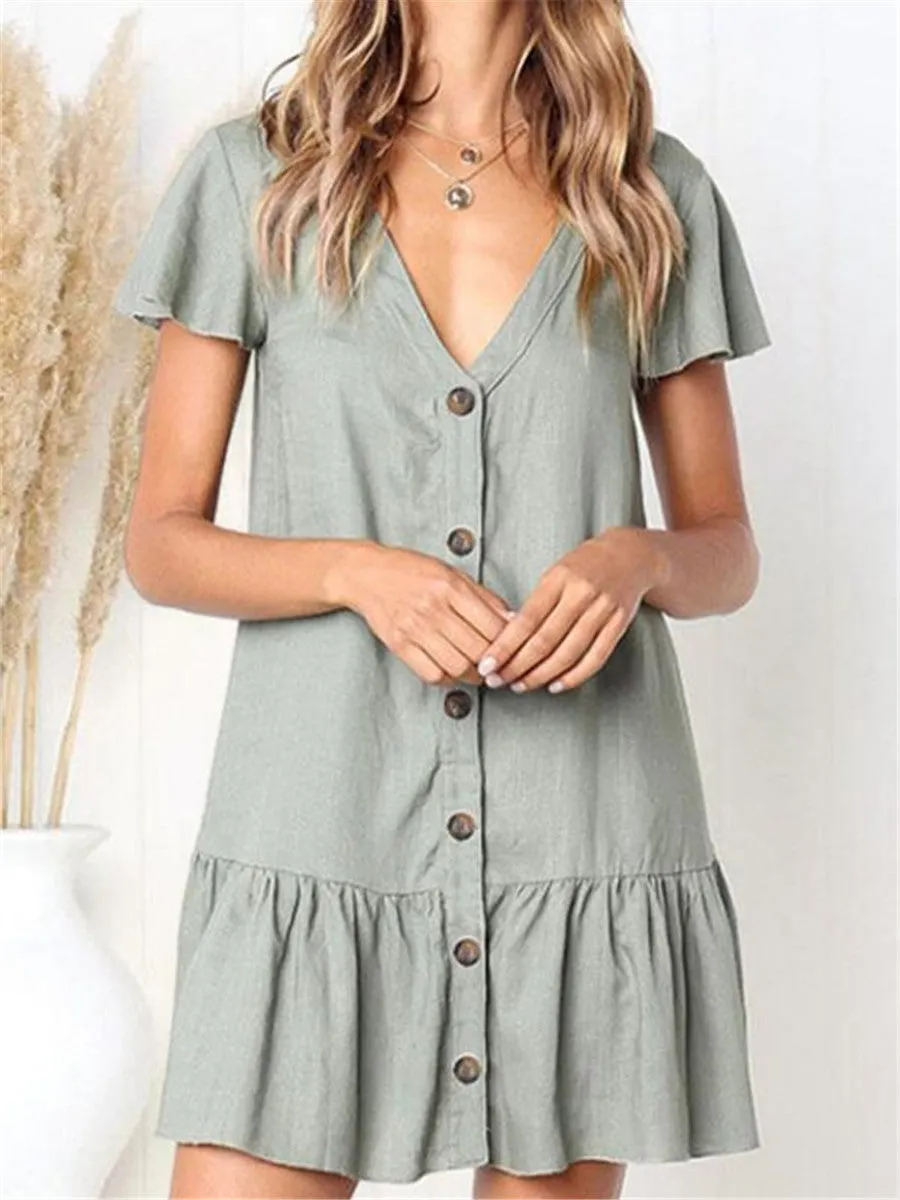 Casual Fashion Solid Color Decorative Button Mini Dresses