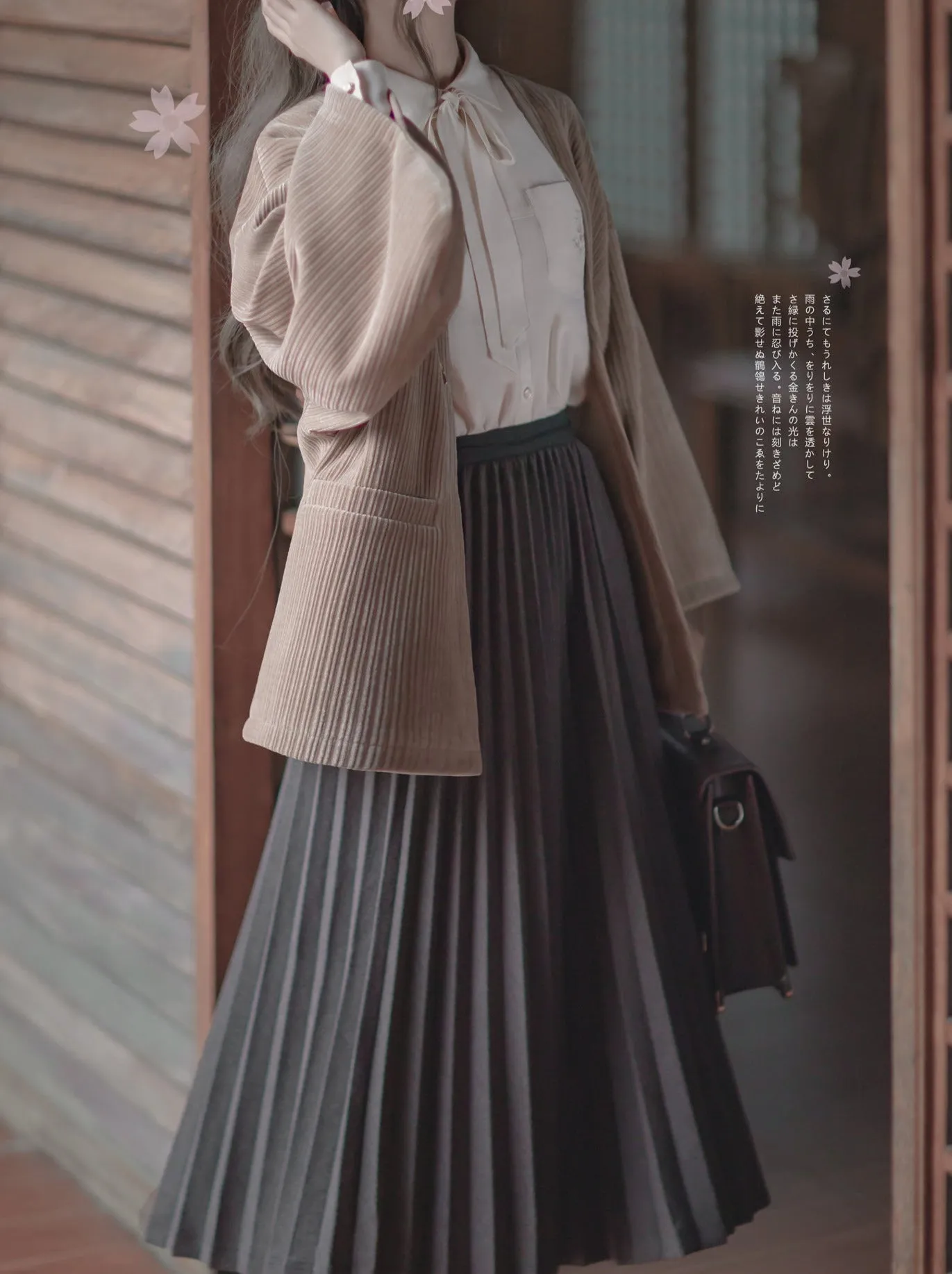 Cherry Dark Ribbon Showa Gray Jacket Feather   Note Skirt Retro Checkered Brooch Chiffon Shirt   Skirt