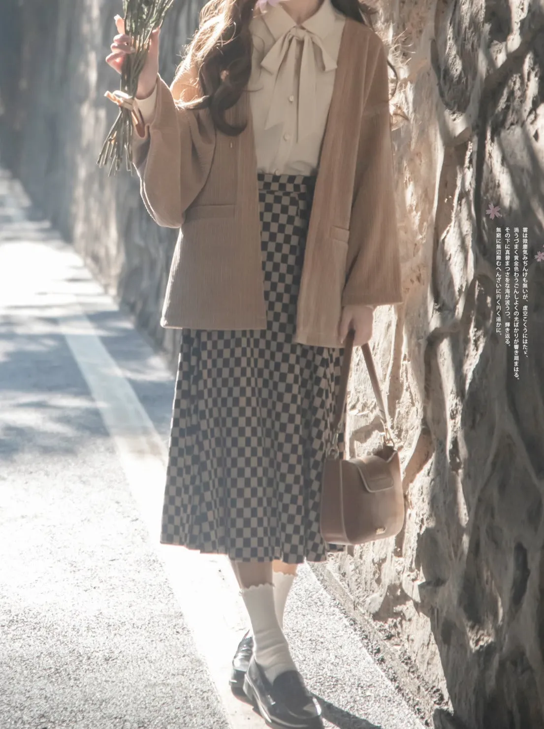 Cherry Dark Ribbon Showa Gray Jacket Feather   Note Skirt Retro Checkered Brooch Chiffon Shirt   Skirt