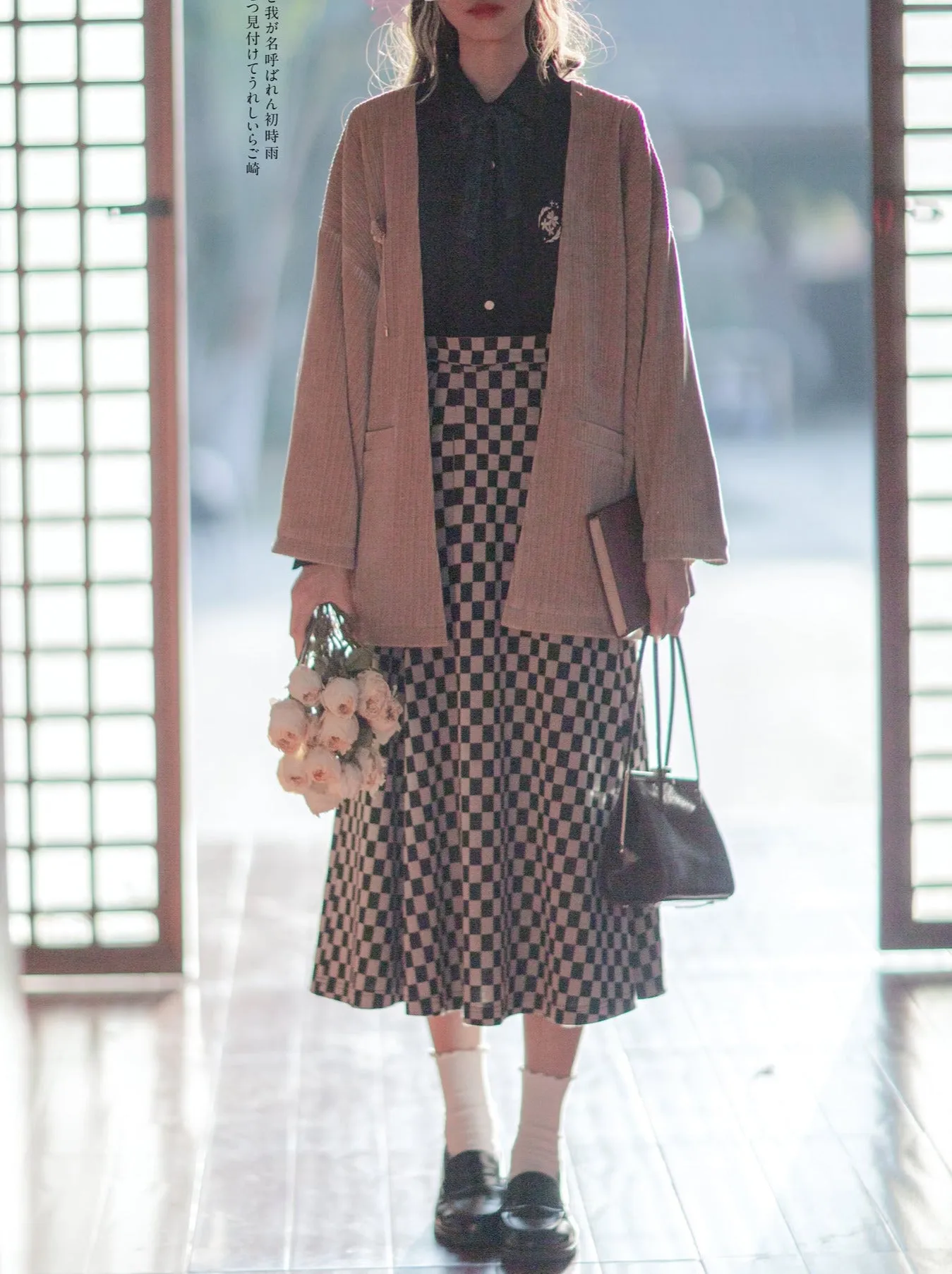 Cherry Dark Ribbon Showa Gray Jacket Feather   Note Skirt Retro Checkered Brooch Chiffon Shirt   Skirt