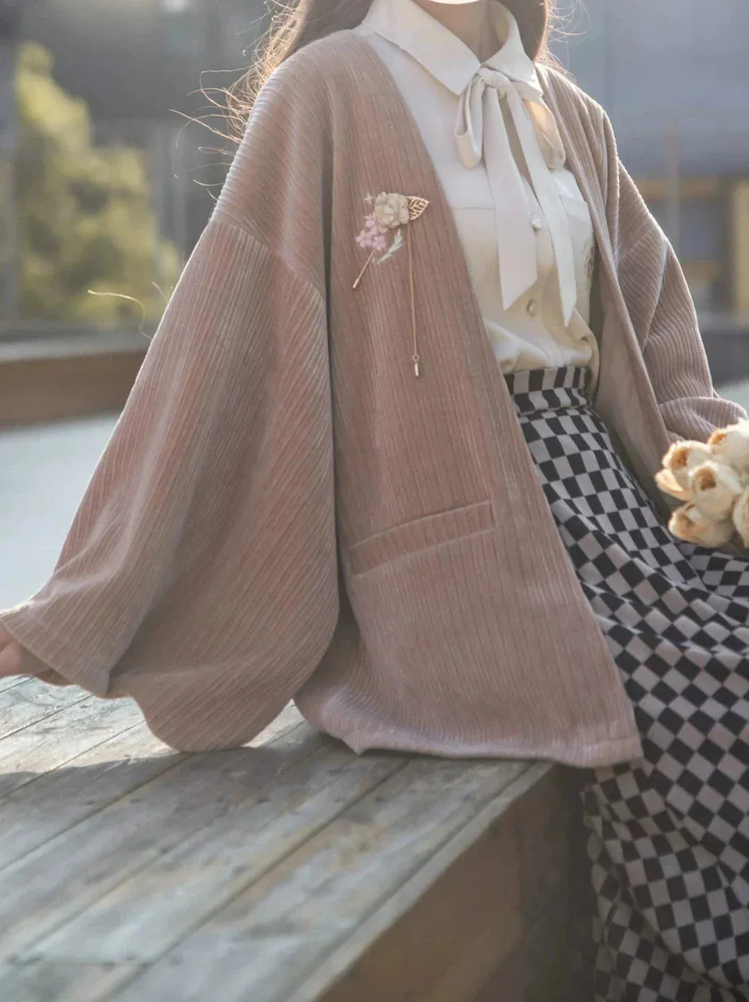 Cherry Dark Ribbon Showa Gray Jacket Feather   Note Skirt Retro Checkered Brooch Chiffon Shirt   Skirt