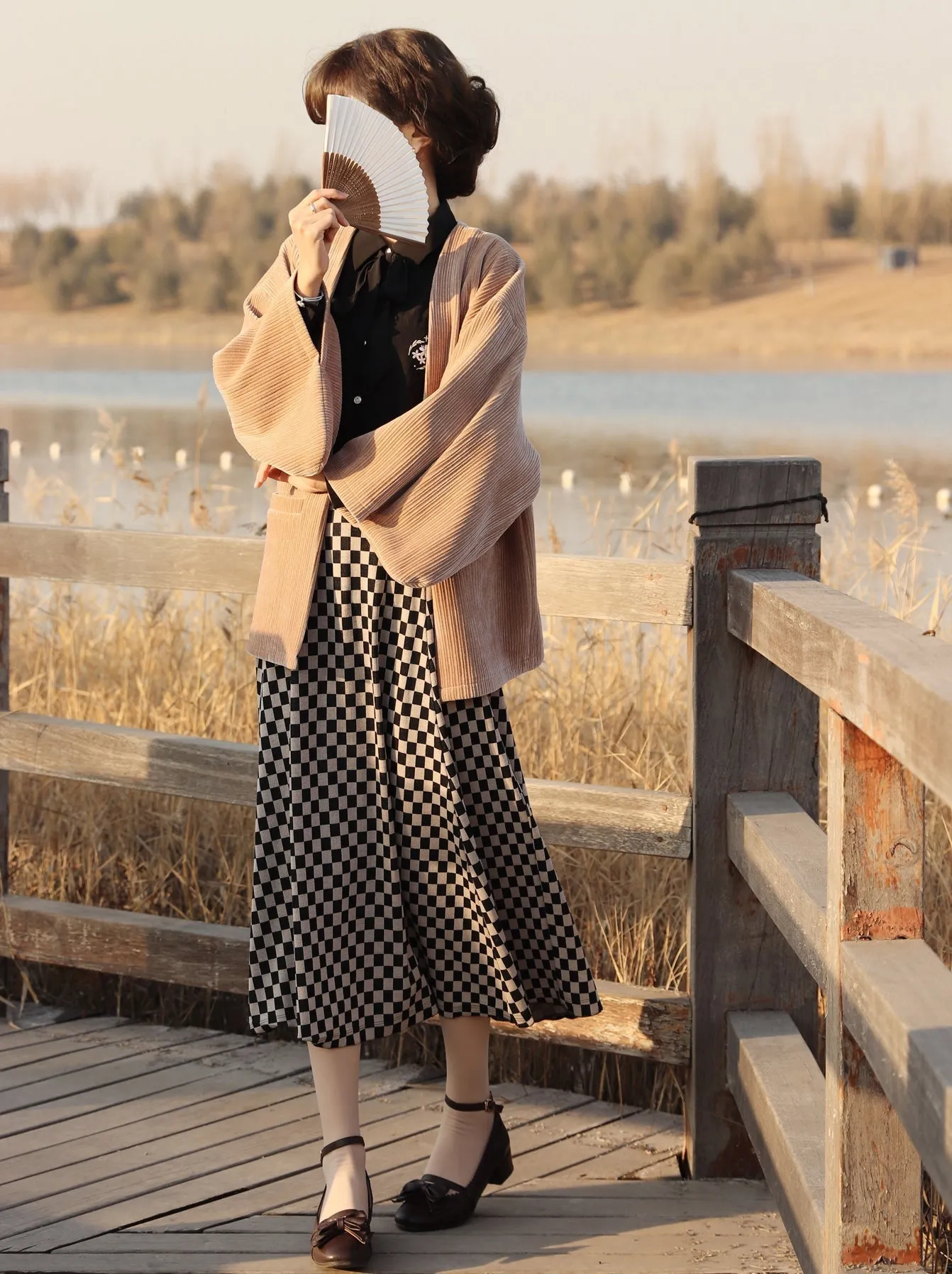Cherry Dark Ribbon Showa Gray Jacket Feather   Note Skirt Retro Checkered Brooch Chiffon Shirt   Skirt