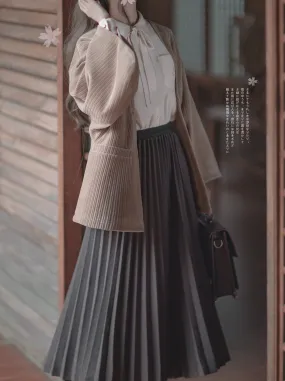 Cherry Dark Ribbon Showa Gray Jacket Feather   Note Skirt Retro Checkered Brooch Chiffon Shirt   Skirt