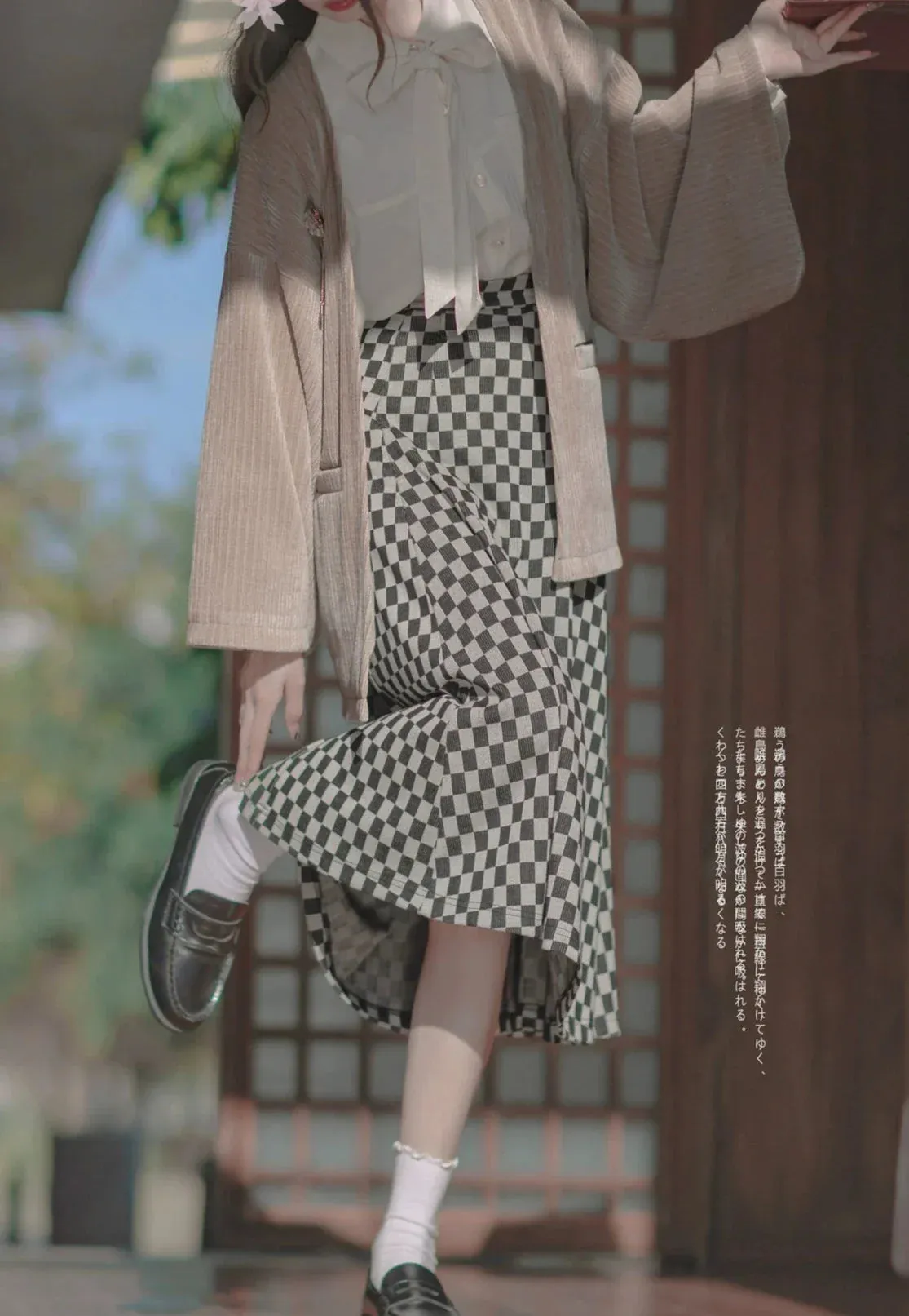 Cherry Dark Ribbon Showa Gray Jacket Feather   Note Skirt Retro Checkered Brooch Chiffon Shirt   Skirt