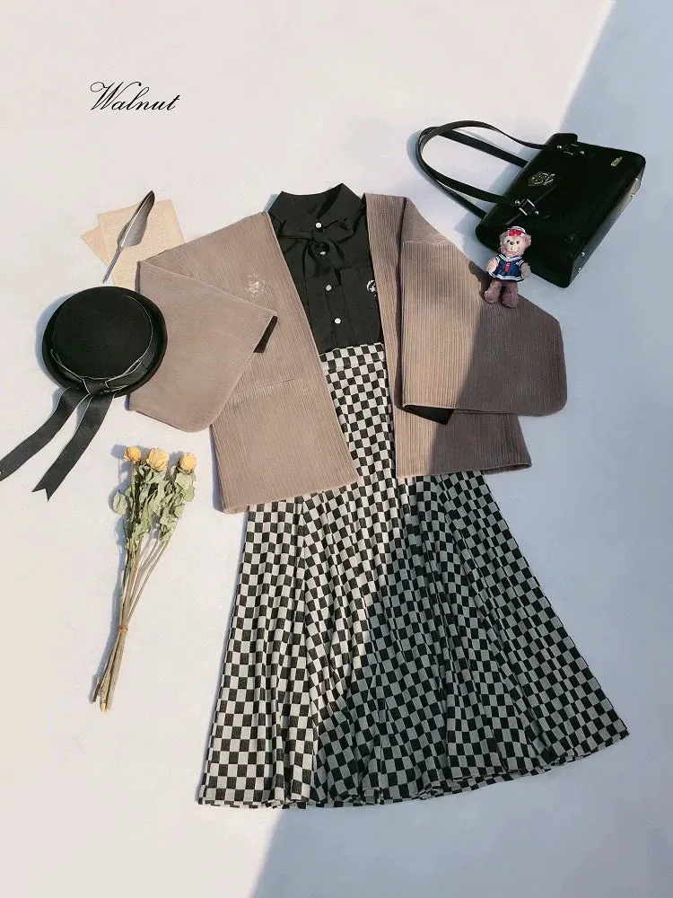 Cherry Dark Ribbon Showa Gray Jacket Feather   Note Skirt Retro Checkered Brooch Chiffon Shirt   Skirt