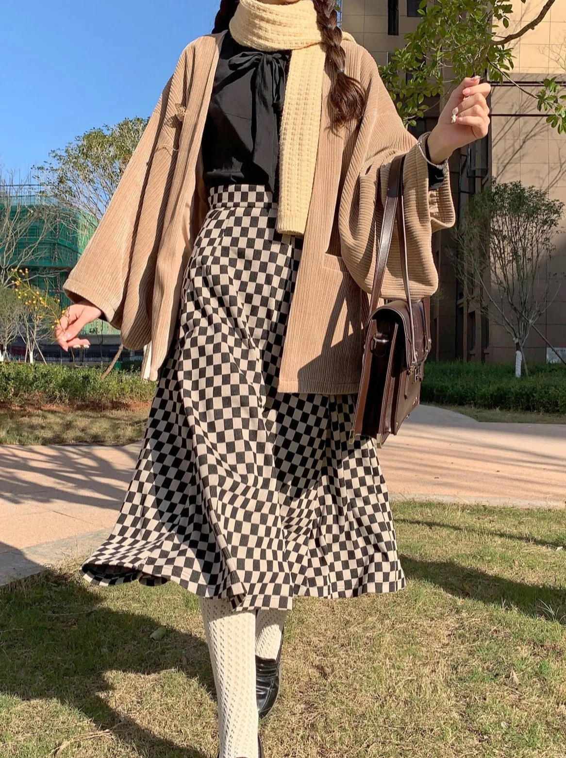 Cherry Dark Ribbon Showa Gray Jacket Feather   Note Skirt Retro Checkered Brooch Chiffon Shirt   Skirt