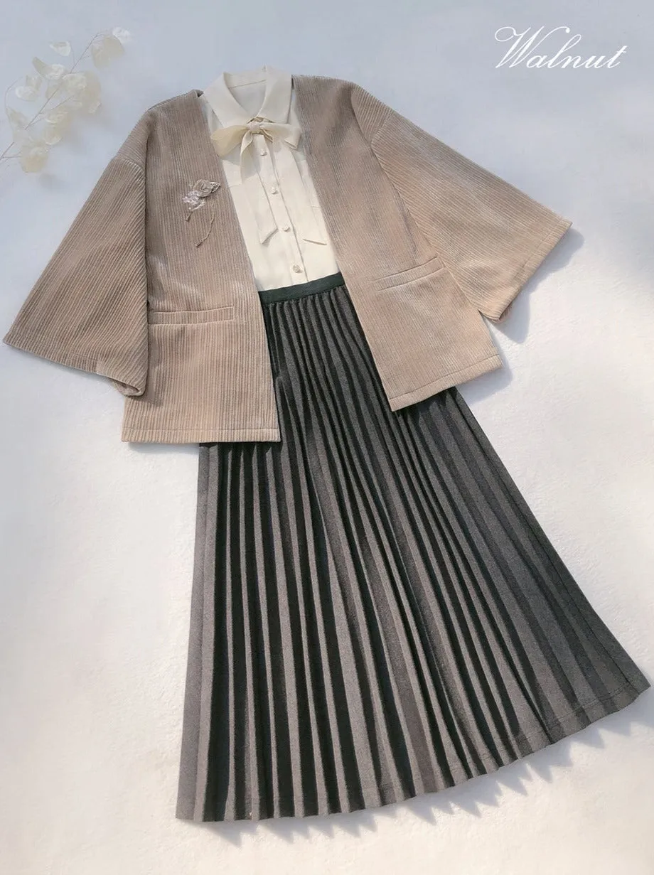 Cherry Dark Ribbon Showa Gray Jacket Feather   Note Skirt Retro Checkered Brooch Chiffon Shirt   Skirt