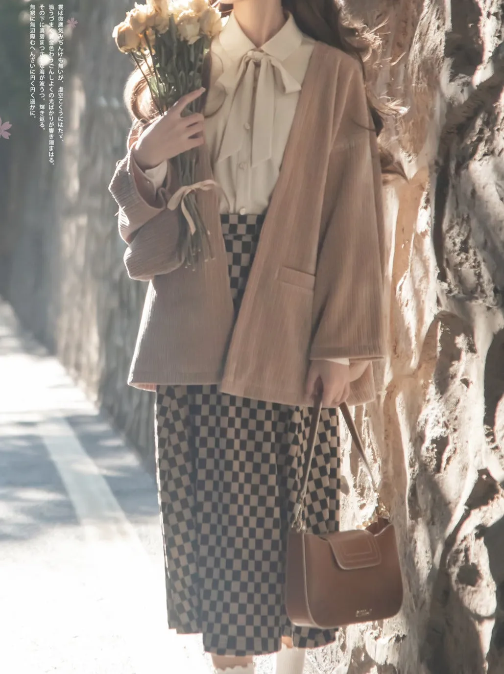 Cherry Dark Ribbon Showa Gray Jacket Feather   Note Skirt Retro Checkered Brooch Chiffon Shirt   Skirt