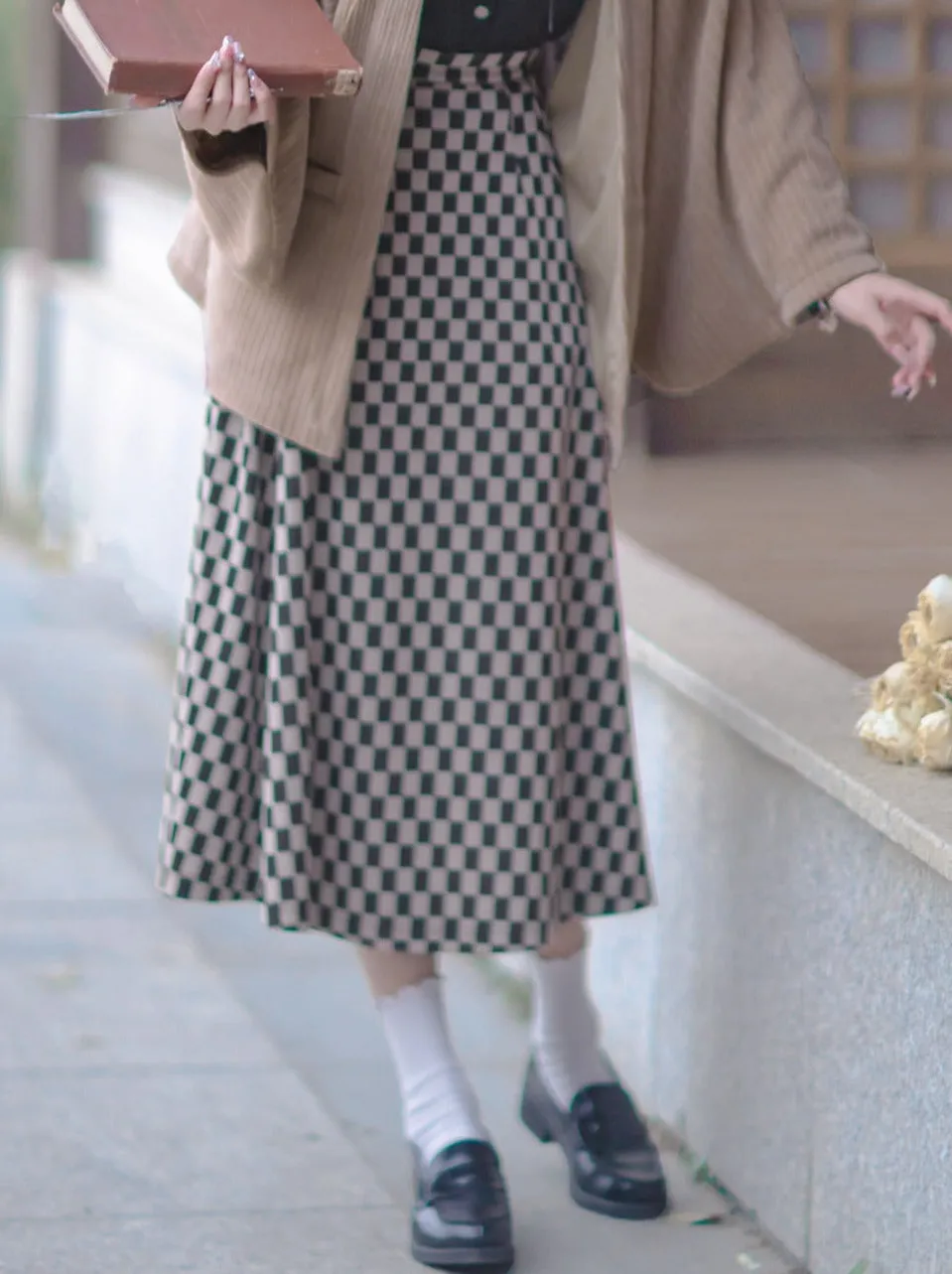 Cherry Dark Ribbon Showa Gray Jacket Feather   Note Skirt Retro Checkered Brooch Chiffon Shirt   Skirt