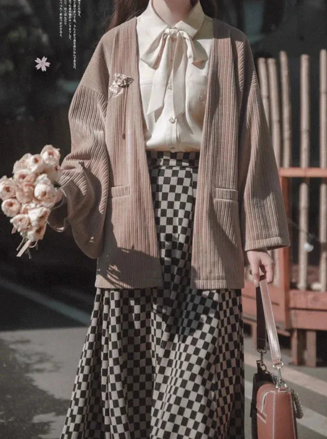 Cherry Dark Ribbon Showa Gray Jacket Feather   Note Skirt Retro Checkered Brooch Chiffon Shirt   Skirt