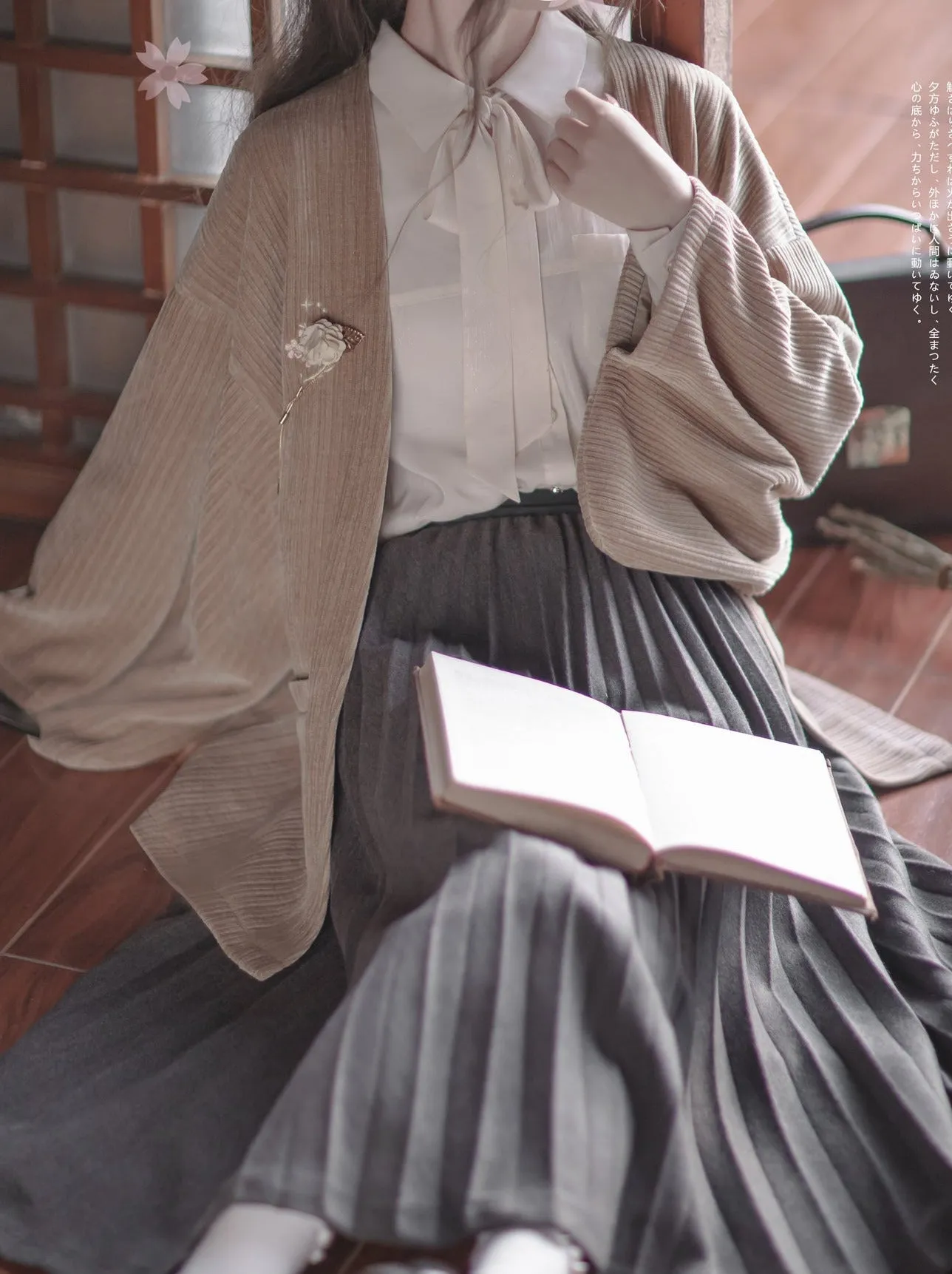 Cherry Dark Ribbon Showa Gray Jacket Feather   Note Skirt Retro Checkered Brooch Chiffon Shirt   Skirt