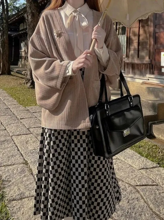 Cherry Dark Ribbon Showa Gray Jacket Feather   Note Skirt Retro Checkered Brooch Chiffon Shirt   Skirt