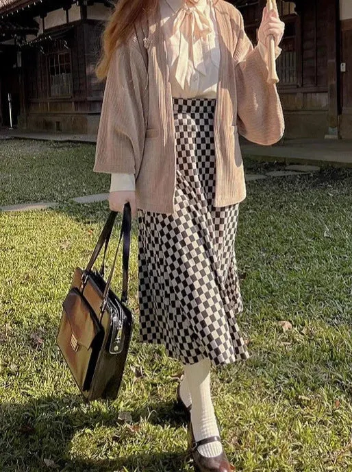 Cherry Dark Ribbon Showa Gray Jacket Feather   Note Skirt Retro Checkered Brooch Chiffon Shirt   Skirt