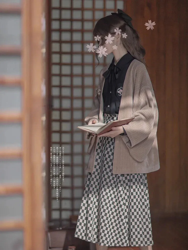 Cherry Dark Ribbon Showa Gray Jacket Feather   Note Skirt Retro Checkered Brooch Chiffon Shirt   Skirt
