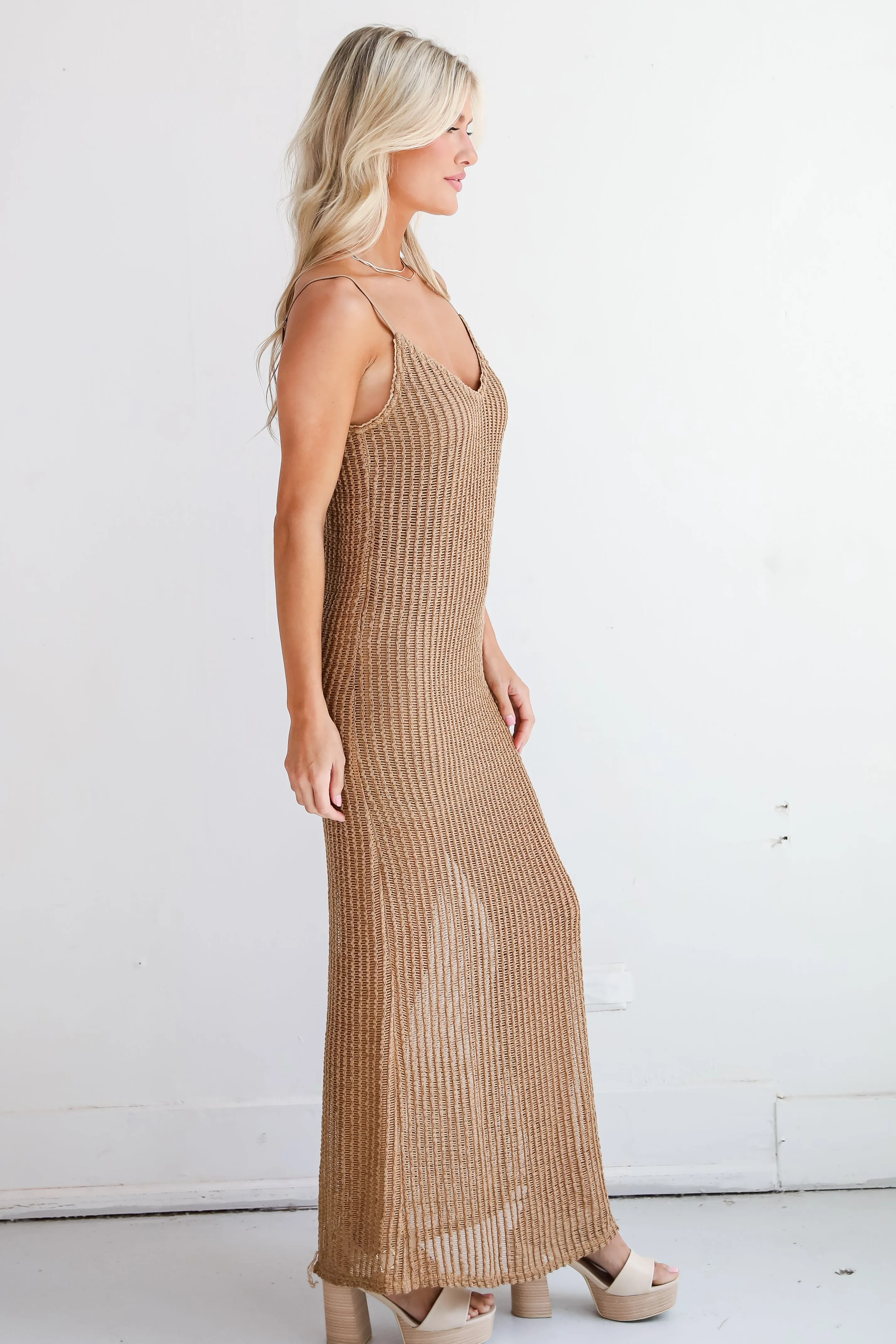 Compelling Style Taupe Crochet Knit Maxi Dress