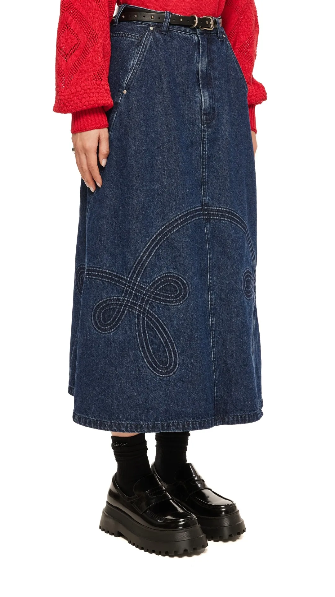 Corded Braiding Denim A-Line Skirt