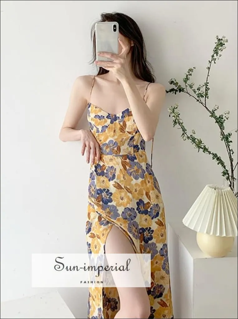Cream With Yellow & Pink Flower Print side Split Midi Dress with Corset Bust and Tie Cami Strap Detail